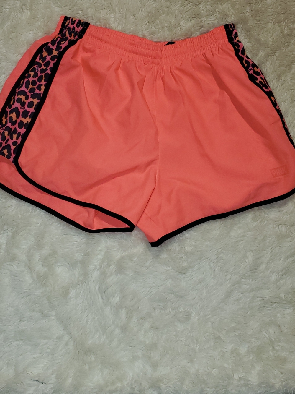PINK Victoria's Secret Neon Coral Athletic Shorts with Leopard Panels